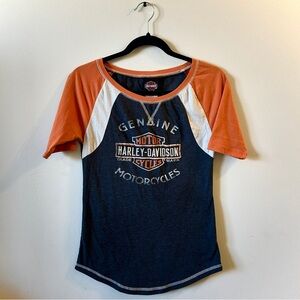 Medium gray, orange, and white genuine Harley Davidson short sleeve top.